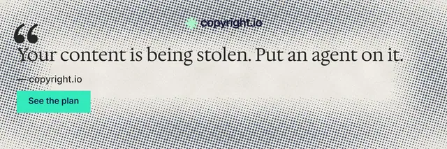 X header for copyright.io: "Reposts don't remove themselves." Swiss style, quote layout, light palette in grey, yellow, white.