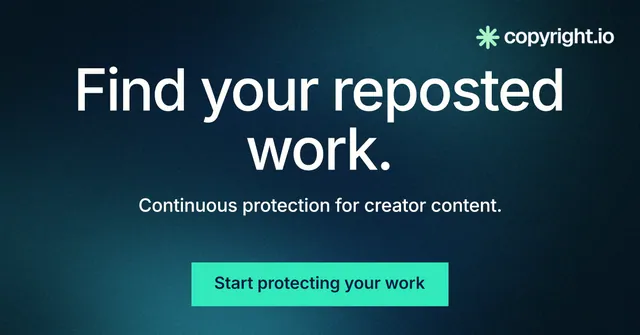 Social ad for copyright.io: "Find your reposted work." Swiss style, centred layout, dark palette in blue, black, teal.