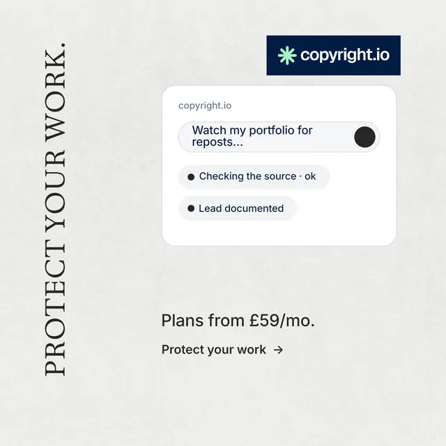 Instagram post for copyright.io: "Protect your work." Minimal luxury style, vertical layout, light palette in white, grey.