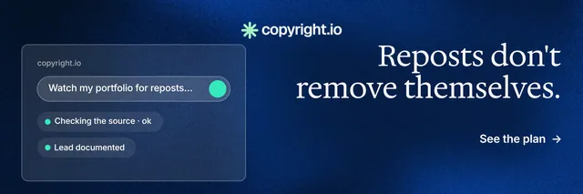 X header for copyright.io: "Reposts don't remove themselves." Minimal luxury style, right layout, dark palette in blue.