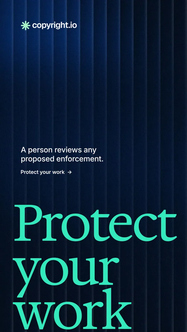 Instagram story for copyright.io: "Protect your work." Minimal luxury style, oversized layout, dark palette in black, blue, teal.