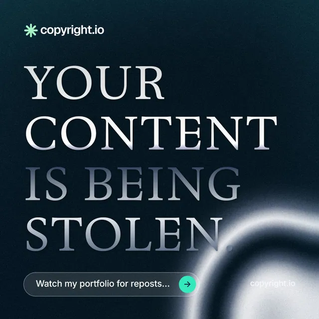 Instagram post for copyright.io: "Your content is being stolen." Agentic glass style, poster layout, dark palette in blue, black, grey.