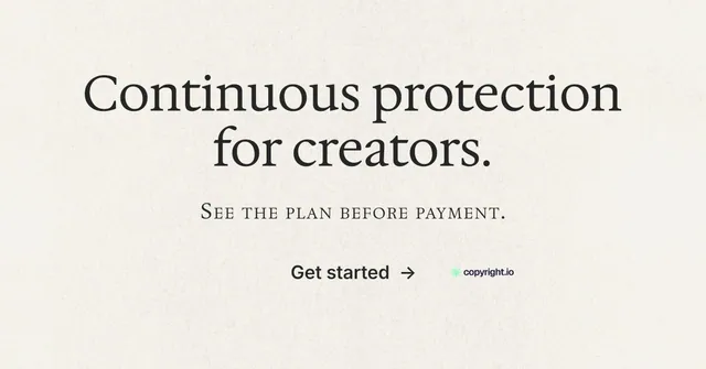 Social ad for copyright.io: "Continuous protection for creators." Minimal luxury style, smallcaps layout, light palette in white, grey.