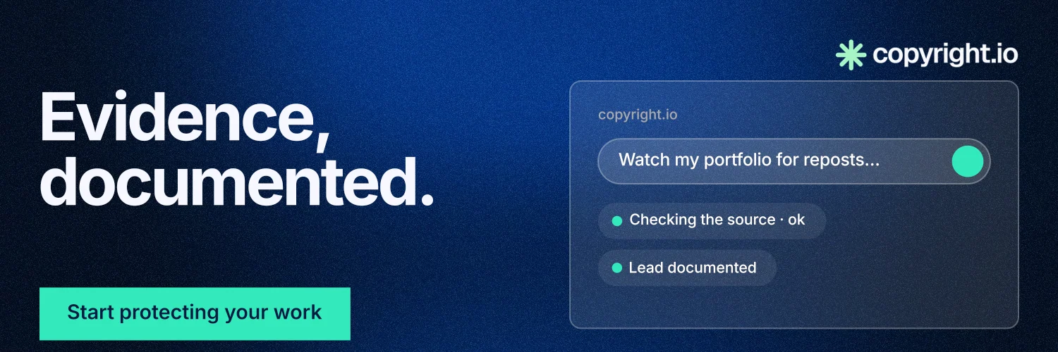 X header for copyright.io: "Evidence, documented." Swiss style, bottom layout, dark palette in blue, black, teal.
