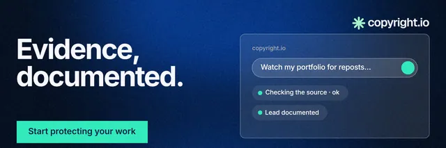 X header for copyright.io: "Evidence, documented." Swiss style, bottom layout, dark palette in blue, black, teal.