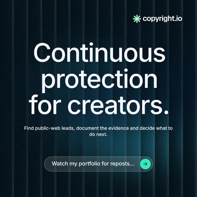 Instagram post for copyright.io: "Continuous protection for creators." Agentic glass style, centred layout, dark palette in blue, black, grey.