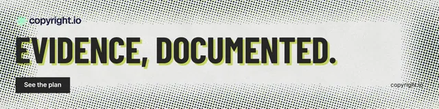 LinkedIn banner for copyright.io: "Evidence, documented." Retro print style, poster layout, light palette in grey, white.