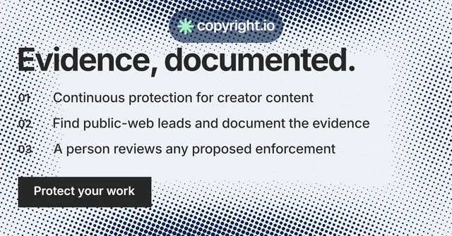 Social ad for copyright.io: "Evidence, documented." Swiss style, numbered layout, light palette in grey, blue, white.