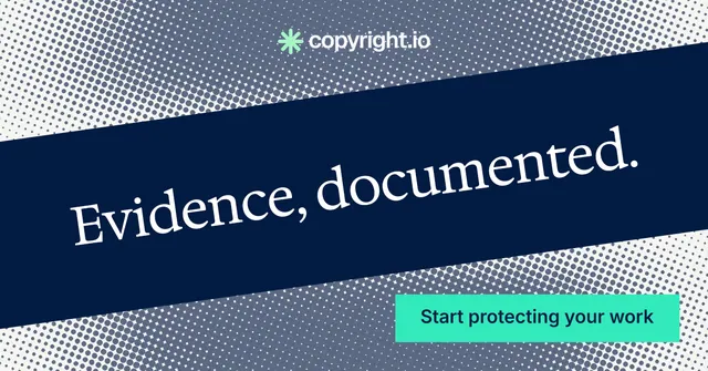 Social ad for copyright.io: "Evidence, documented." Split block style, diagonal layout, dark palette in blue, grey, teal.