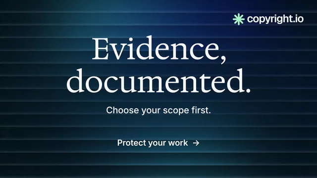 Landscape graphic for copyright.io: "Evidence, documented." Minimal luxury style, centred layout, dark palette in black, blue.