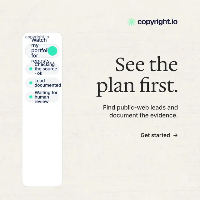 Instagram post for copyright.io: "See the plan first." Minimal luxury style, right layout, light palette in white, grey.
