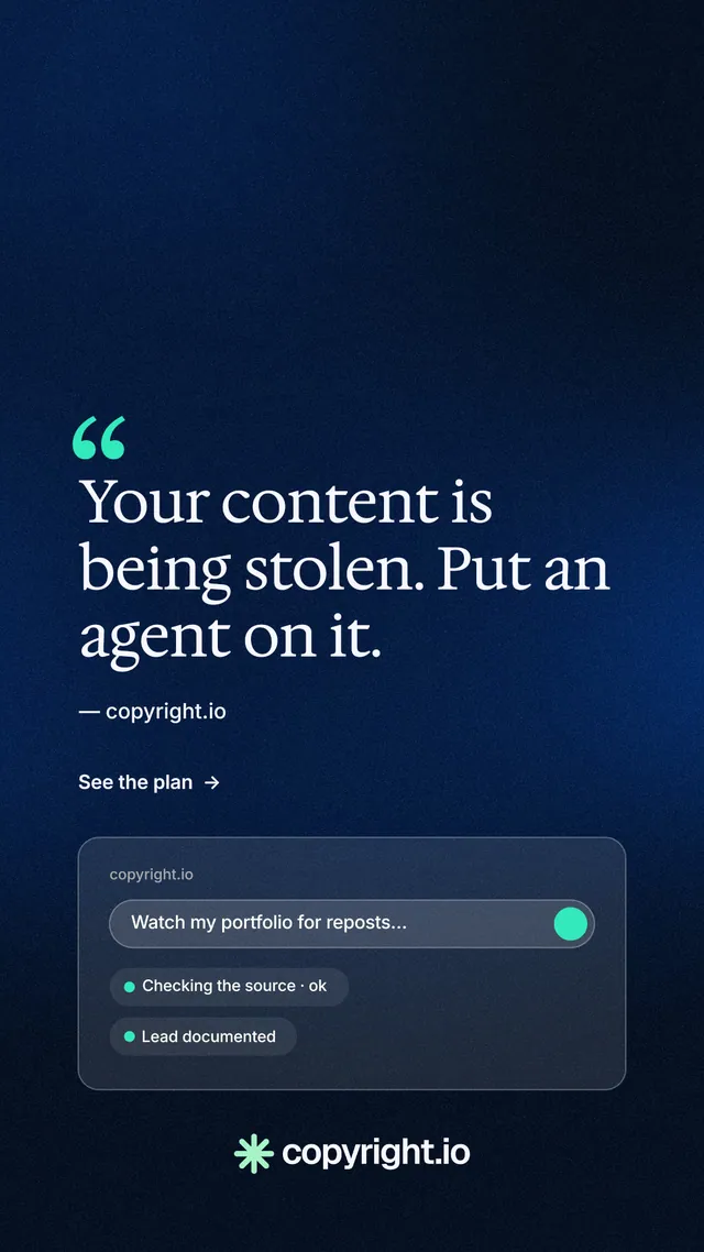 Instagram story for copyright.io: "Find your reposted work." Minimal luxury style, quote layout, dark palette in blue, black.