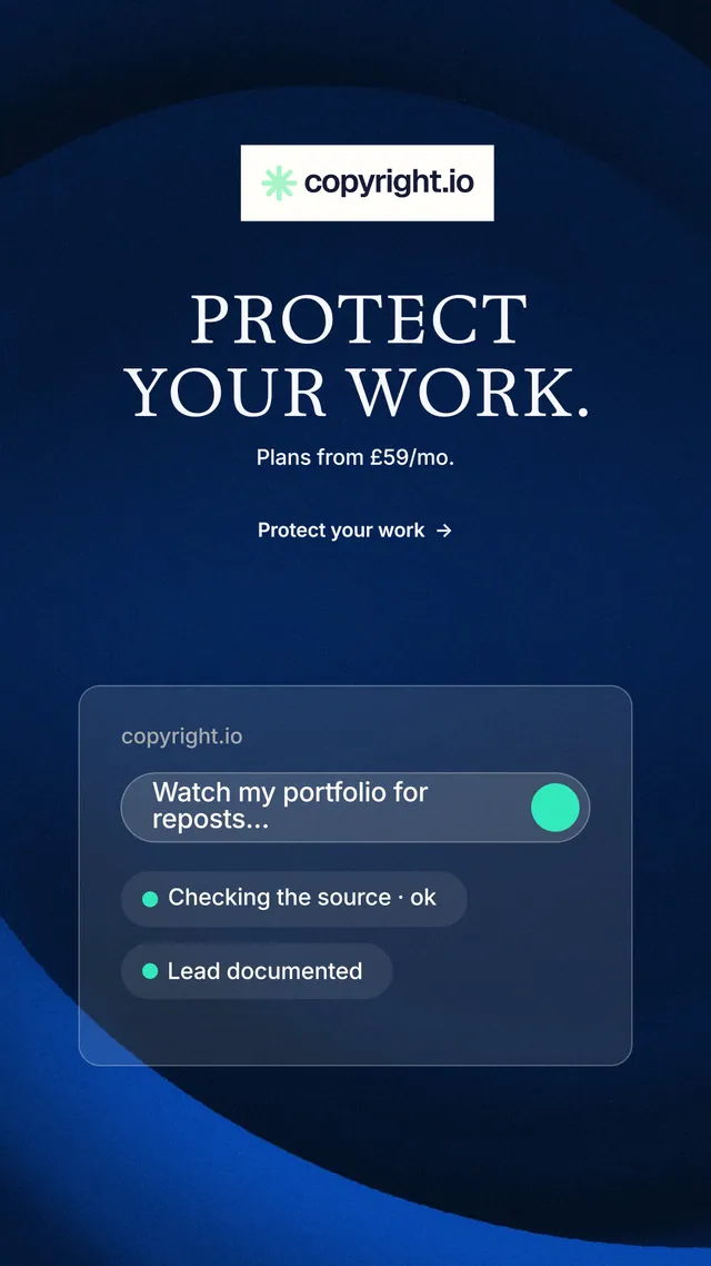 Instagram story for copyright.io: "Protect your work." Minimal luxury style, centred layout, dark palette in blue, black.