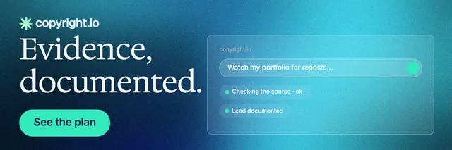 X header for copyright.io: "Evidence, documented." Agentic glass style, skeleton layout, light palette in blue, teal.