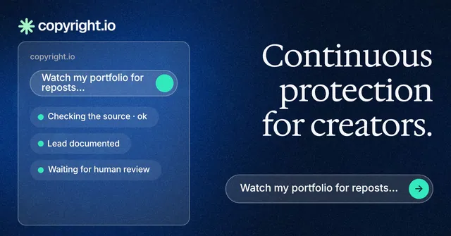 Social ad for copyright.io: "Continuous protection for creators." Agentic glass style, right layout, dark palette in black, blue.