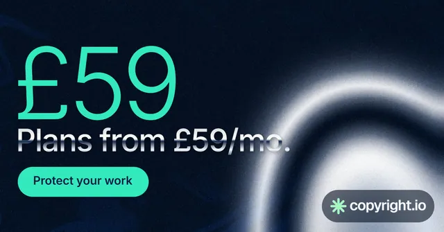 Social ad for copyright.io: "Evidence, documented." Y2K style, stat layout, dark palette in black, teal, blue.