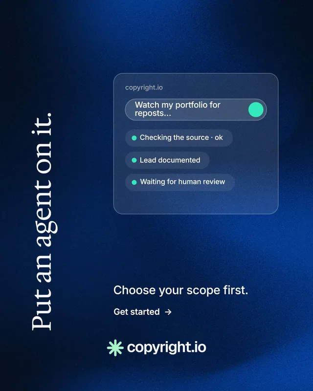 Instagram portrait post for copyright.io: "Put an agent on it." Minimal luxury style, vertical layout, dark palette in blue, black.