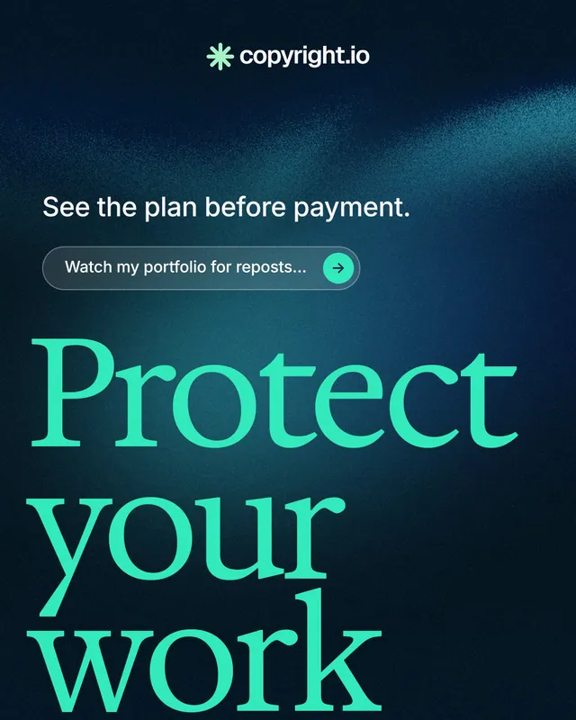 Instagram portrait post for copyright.io: "Protect your work." Agentic glass style, oversized layout, dark palette in blue, black, teal.
