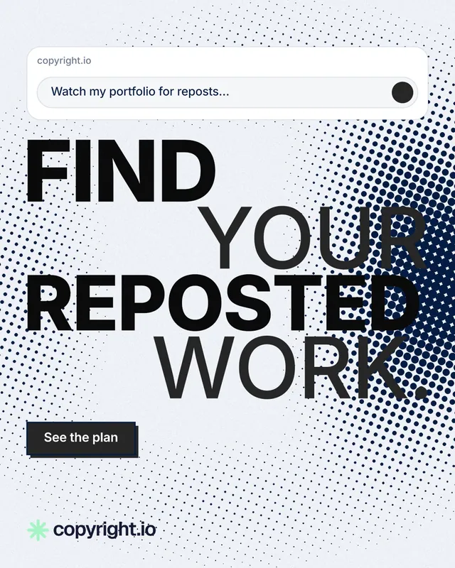 Instagram portrait post for copyright.io: "Find your reposted work." Brutalist style, stacked layout, light palette in white, grey.