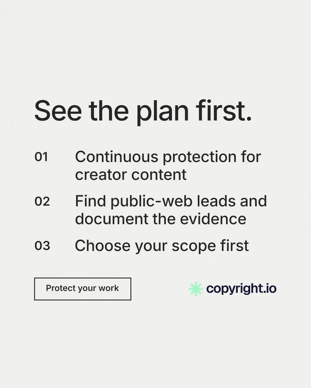 Instagram portrait post for copyright.io: "See the plan first." Editorial style, numbered layout, light palette in white.