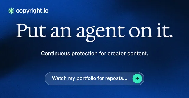 Social ad for copyright.io: "Put an agent on it." Agentic glass style, centred layout, dark palette in blue.