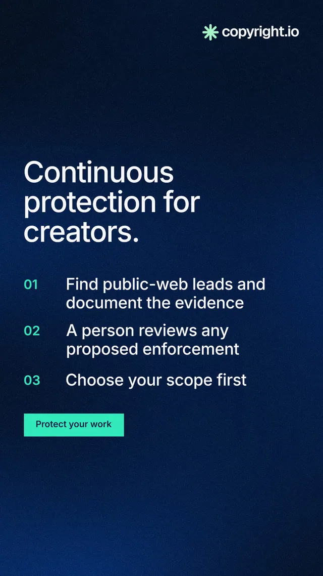 Instagram story for copyright.io: "Continuous protection for creators." Swiss style, numbered layout, dark palette in blue, black.