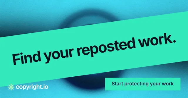 Social ad for copyright.io: "Find your reposted work." Swiss style, diagonal layout, light palette in teal.