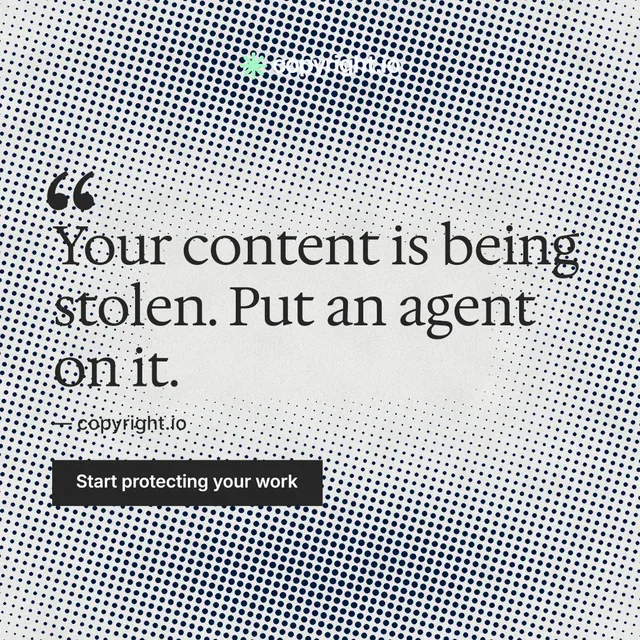Instagram post for copyright.io: "Your content is being stolen." Retro print style, quote layout, light palette in grey, white.