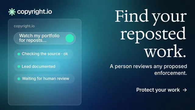 Landscape graphic for copyright.io: "Find your reposted work." Minimal luxury style, right layout, dark palette in black, blue, teal.