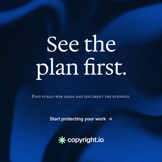 Instagram post for copyright.io: "See the plan first." Minimal luxury style, smallcaps layout, dark palette in blue, black.
