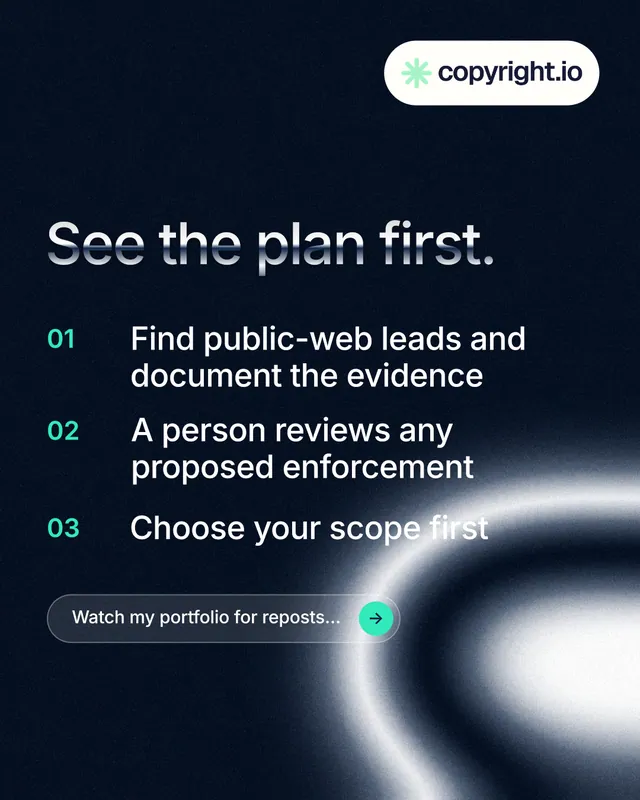 Instagram portrait post for copyright.io: "See the plan first." Agentic glass style, numbered layout, dark palette in black, blue, grey.