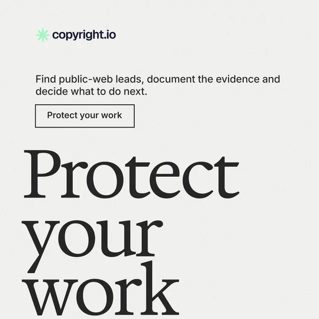 Instagram post for copyright.io: "Your content is being stolen." Editorial style, oversized layout, light palette in white, grey.