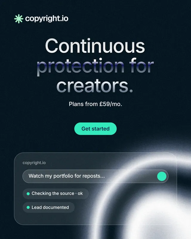 Instagram portrait post for copyright.io: "Continuous protection for creators." Y2K style, centred layout, dark palette in blue, black, grey.