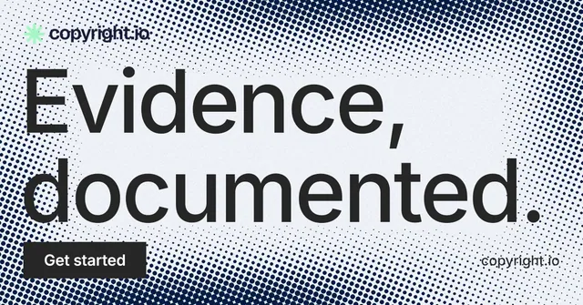 Social ad for copyright.io: "Evidence, documented." Retro print style, poster layout, light palette in grey, blue, white.