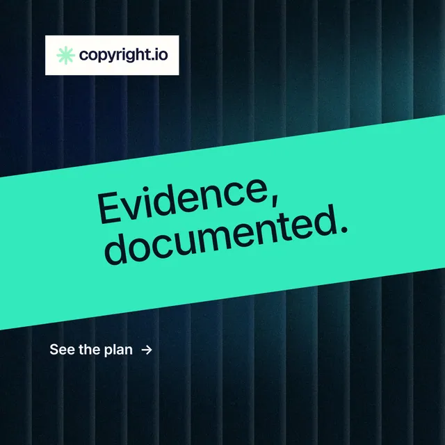 Instagram post for copyright.io: "Evidence, documented." Minimal luxury style, diagonal layout, dark palette in teal, black.