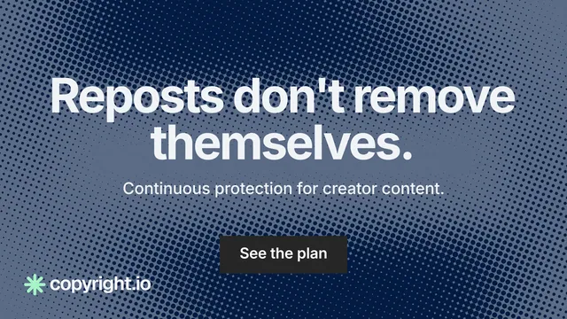 Landscape graphic for copyright.io: "Reposts don't remove themselves." Swiss style, centred layout, dark palette in blue, grey.