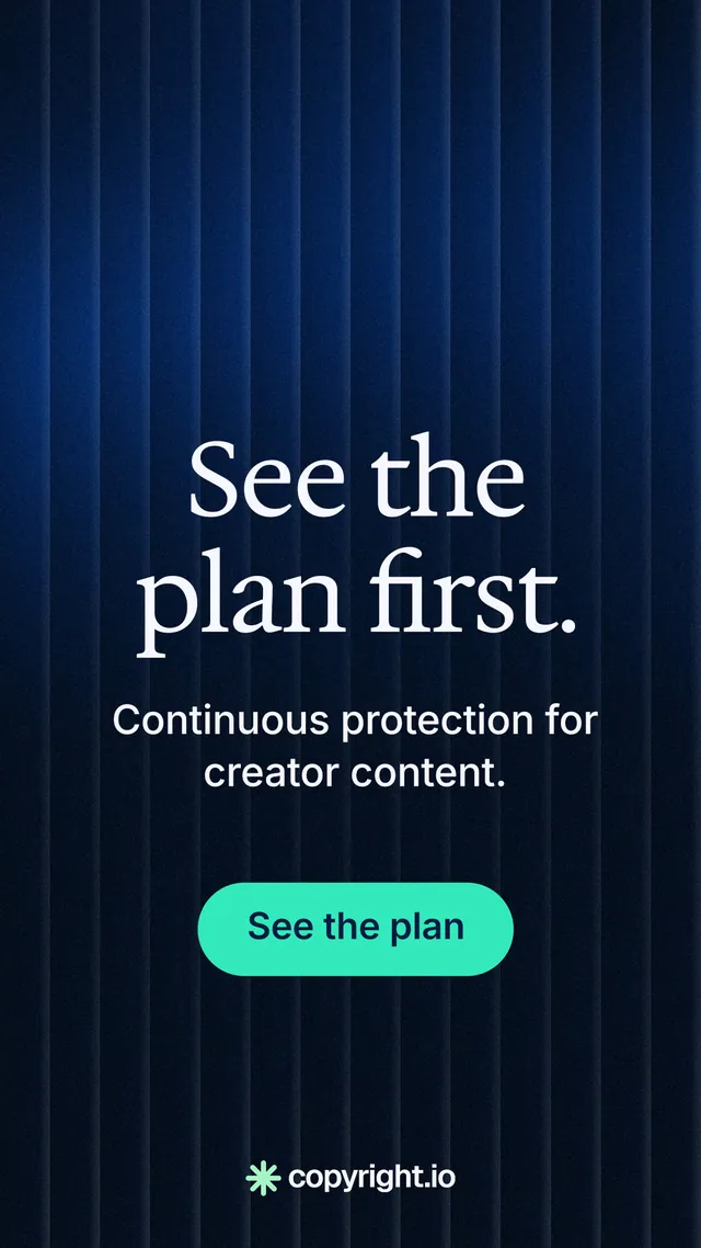 Instagram story for copyright.io: "See the plan first." Agentic glass style, skeleton layout, dark palette in black, blue, teal.