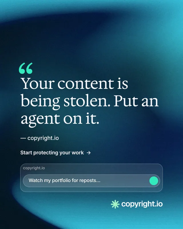 Instagram portrait post for copyright.io: "Evidence, documented." Minimal luxury style, quote layout, dark palette in blue, teal.