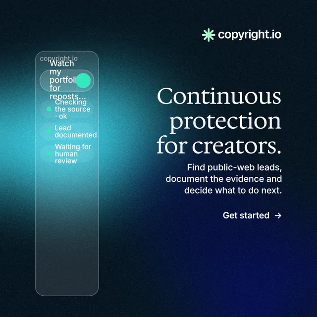 Instagram post for copyright.io: "Continuous protection for creators." Minimal luxury style, right layout, dark palette in black, teal, blue.