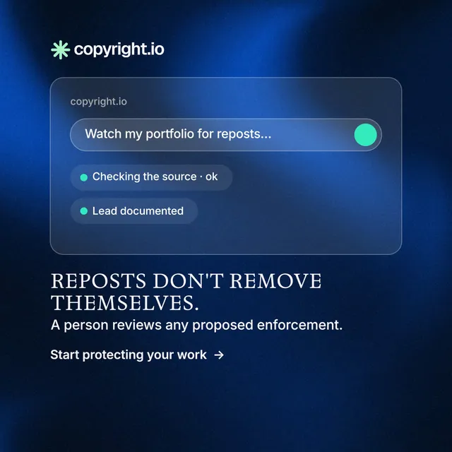 Instagram post for copyright.io: "Reposts don't remove themselves." Minimal luxury style, bottom layout, dark palette in blue, black.