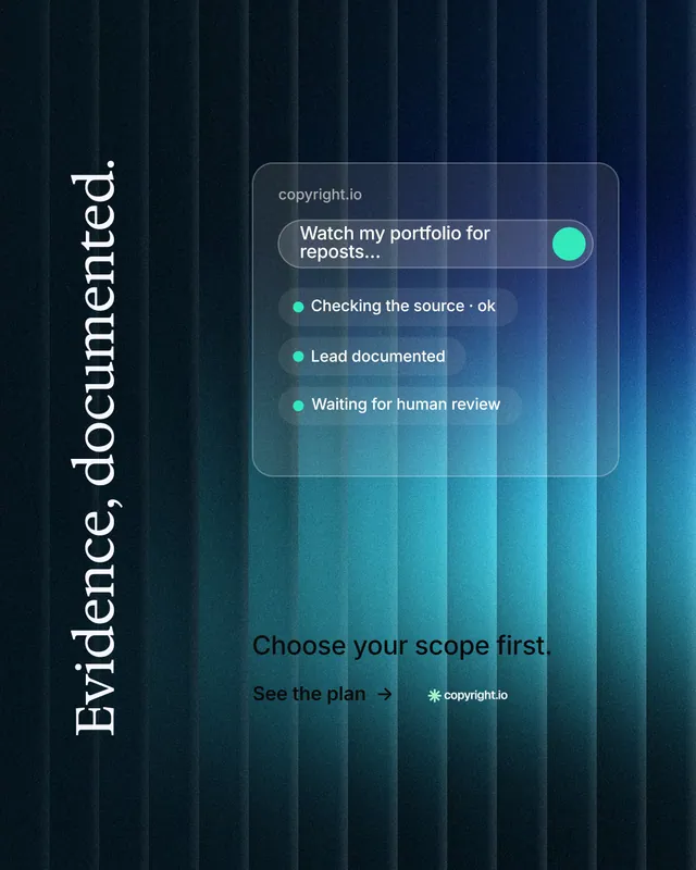 Instagram portrait post for copyright.io: "Evidence, documented." Minimal luxury style, vertical layout, dark palette in black, blue, teal.