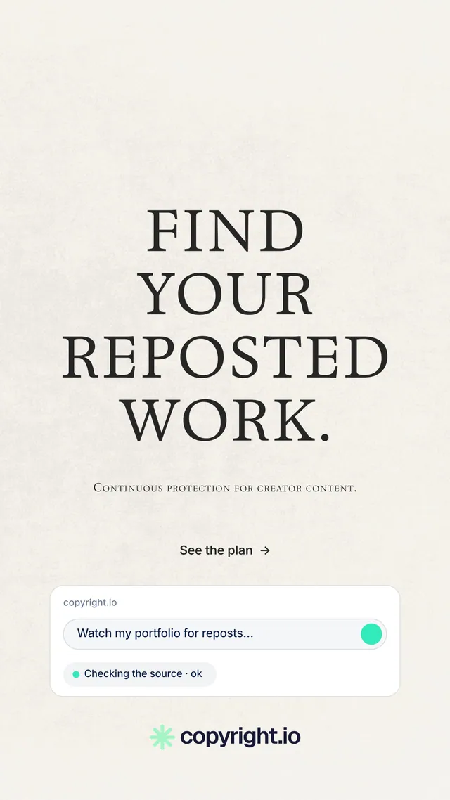 Instagram story for copyright.io: "Find your reposted work." Editorial style, smallcaps layout, light palette in white, grey.