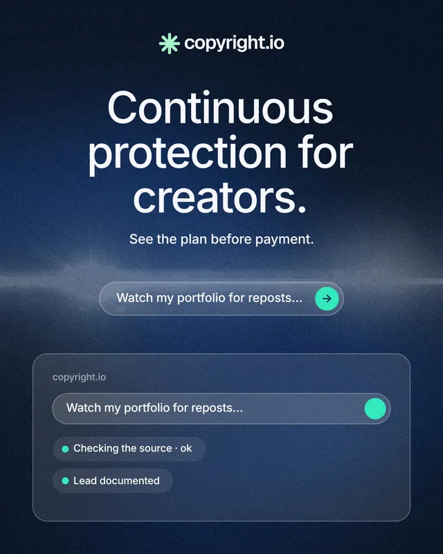 Instagram portrait post for copyright.io: "Continuous protection for creators." Agentic glass style, centred layout, dark palette in blue, black, grey.