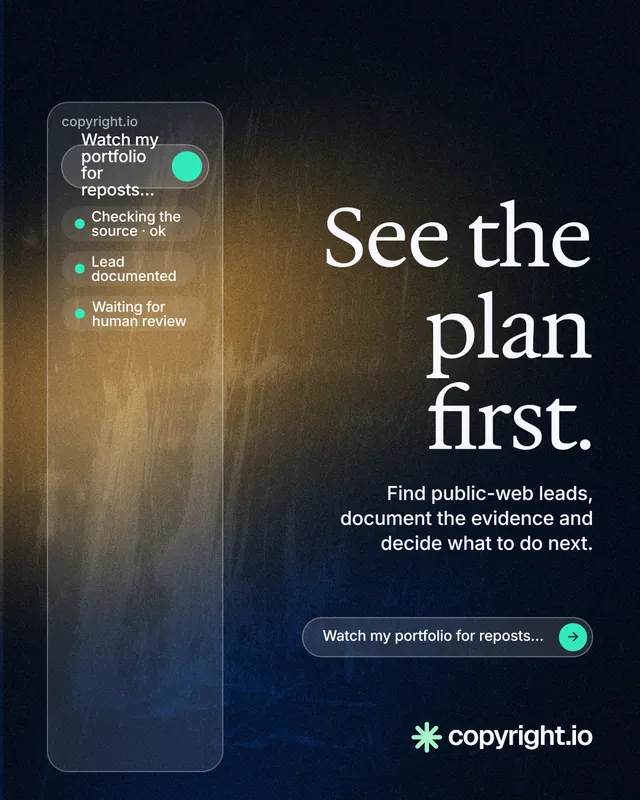 Instagram portrait post for copyright.io: "See the plan first." Agentic glass style, right layout, dark palette in black, grey, blue.