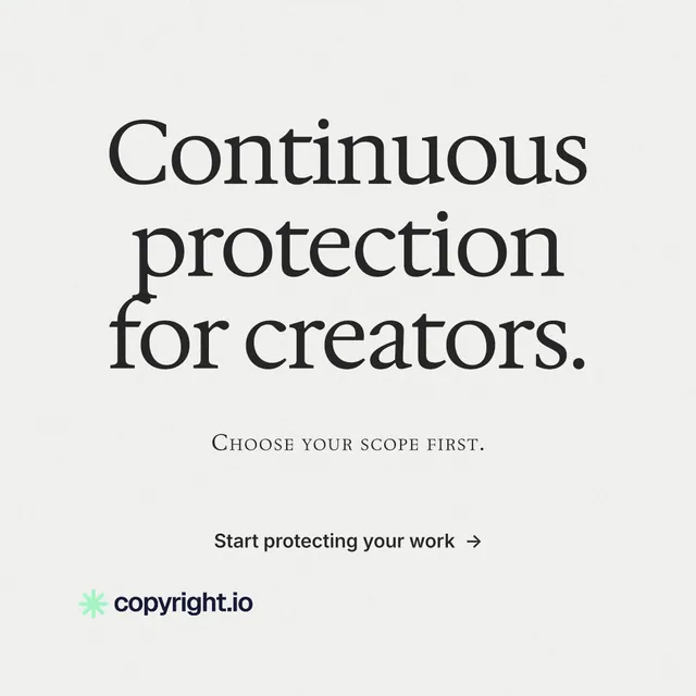 Instagram post for copyright.io: "Continuous protection for creators." Minimal luxury style, smallcaps layout, light palette in white.