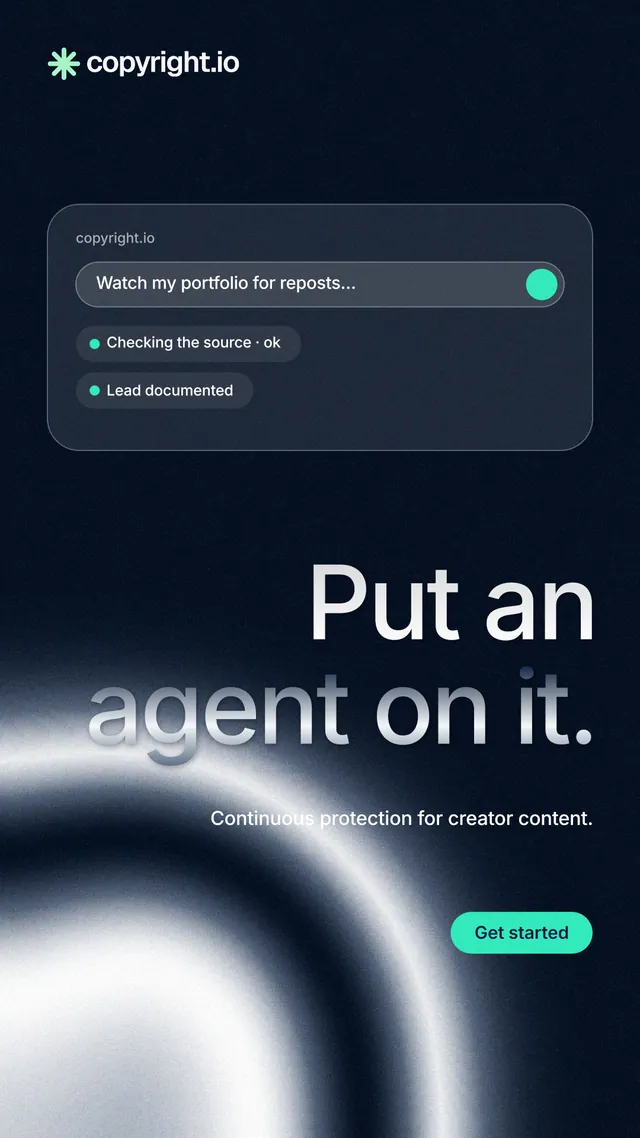 Instagram story for copyright.io: "Put an agent on it." Y2K style, right layout, dark palette in black, blue, grey.
