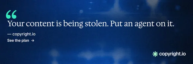 X header for copyright.io: "Reposts don't remove themselves." Minimal luxury style, quote layout, dark palette in blue, black.