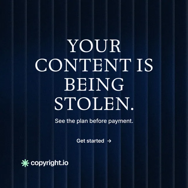 Instagram post for copyright.io: "Your content is being stolen." Minimal luxury style, centred layout, dark palette in black, blue.