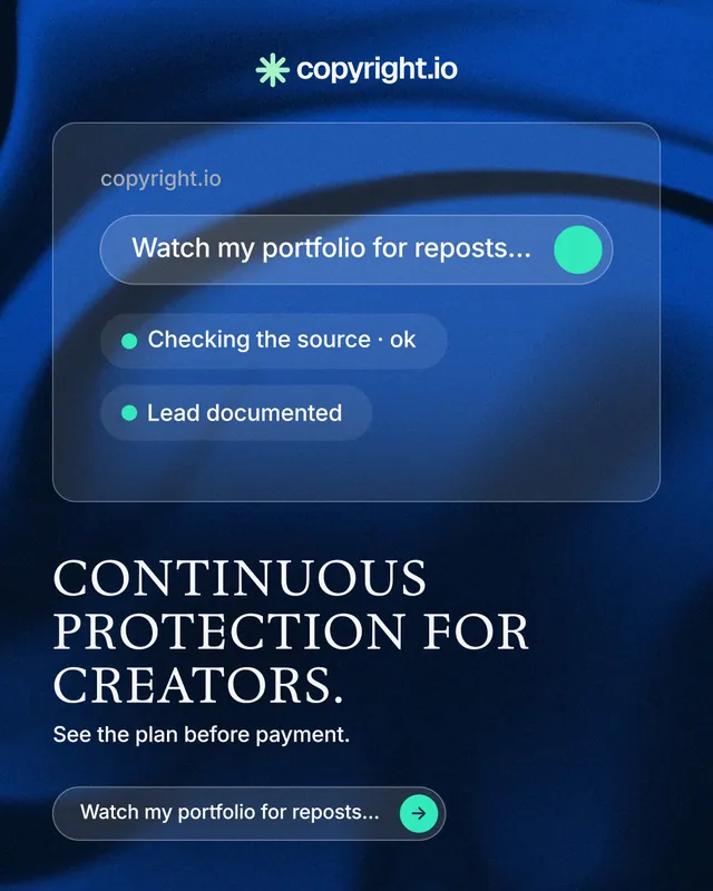Instagram portrait post for copyright.io: "Continuous protection for creators." Agentic glass style, bottom layout, dark palette in black, blue.
