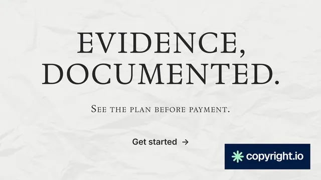 Landscape graphic for copyright.io: "Evidence, documented." Editorial style, smallcaps layout, light palette in white, grey.